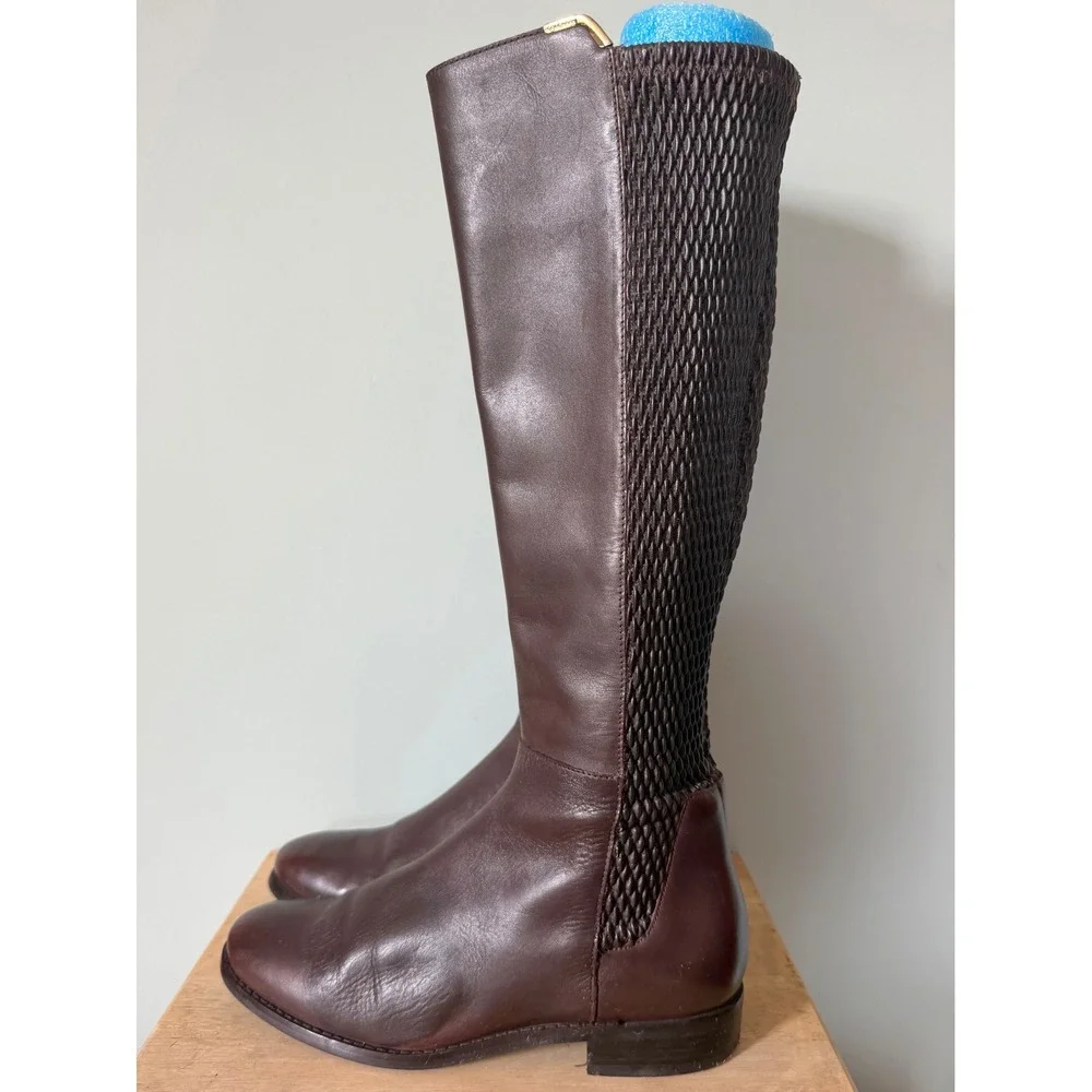 Cole Haan Rockland Brown Leather Woven Stretch Back Tall Riding Boots Size 6